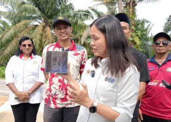 TEO Nie Ching menunjukkan salah satu iklan penipuan dalam talian yang menggunakan gambarnya ketika beliau ditemui pemberita  selepas meninjau projek pembinaan longkang konkrit bagi mengatasi masalah banjir kilat di Kampung Melayu Bukit Batu, Kulai, Johor hari ini.