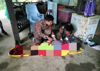 ANGGOTA bomba membantu menurunkan mayat seorang warga emas yang meninggal dunia ketika mendaki bukit di kawasan Hutan Simpan Cerok Tokun, Bukit Mertajam, Pulau Pinang.-GAMBAR/JBPM PULAU PINANG