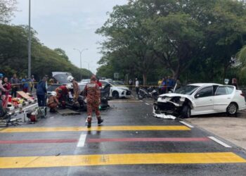 KEADAAN kereta jenis Proton Wira dan Peugeot yang terlibat dalam kemalangan maut di Jalan Taman Bertam Perdana, Kepala Batas, Pulau Pinang.-GAMBAR/JBPM PULAU PINANG