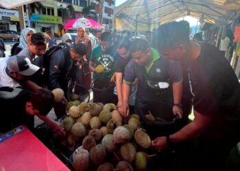 ORANG ramai tidak melepaskan peluang mendapatkan durian pada harga RM5 sebiji di gerai Lubuk Durian Ali Spices, Kuala Terengganu. – UTUSAN/NURSYASYA NADHIRAH ZABIDI