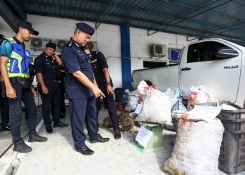 BAKRI Zainal Abidin melihat alat timbang kelapa sawit yang dirampas dalam serbuan di sekitar daerah Hilir Perak pada Rabu lepas dalam sidang akhbar di Teluk Intan hari ini. - UTUSAN/MUHAMAD NAZREEN SYAH MUSTHAFA