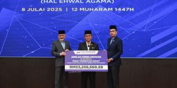 MOHD Na’im Mokhtar (tengah) ketika menyaksikan penyerahan zakat kepada PPZ-MAIWP pada Majlis Zakat Korporat 2025 di Pusat Dagangan Dunia Kuala Lumpur, semalam. - UTUSAN/SYAKIR RADIN