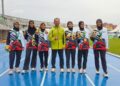 KUARTET Terengganu acara 4x100 perempuan bawah 18 tahun berjaya memenangi pingat emas dan memecahkan rekod kejohanan pada MSSM Kali Ke-65 di Stadium Tuanku Syed Putra, Kangar, Perlis hari ini. -UTUSAN/ASYRAF MUHAMMAD
