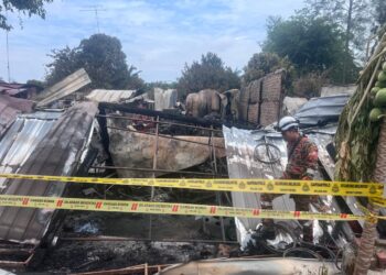 ANGGOTA bomba memeriksa keadaan kedai di Pekan Semerah yang musnah dalam kebakaran malam semalam.