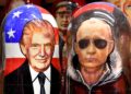 PATUNG 
tradisional Matryoshka memaparkan wajah Donald Trump dan Vladimir Putin dipamerkan untuk dijual di Saint Petersburg, 
Russia. – AFP