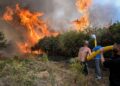 PENDUDUK kampung berusaha memadamkan kebakaran hutan di San Cibrao das Viñas, berhampiran Ourense, di barat laut Sepanyol.-AFP