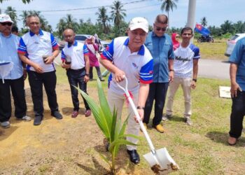 HASNI Mohammad menanam benih kelapa pokok pandan pada Majlis Pelancaran Kelestarian Benut di Taman Datuk Hajjah Fatimah Salim, Benut, Pontian, Johor.