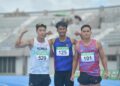 DANISH Iftikhar Muhammad Roslee (tengah) ketika
menjuarai acara 100 meter (m) lelaki di Kejohanan Olahraga Terbuka Malaysia di Stadium Tuanku Syed Putra, Kangar, Perlis.-UTUSAN/IZLIZAN OTHMAN