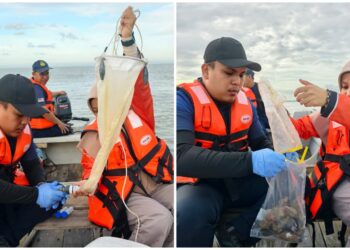 KAKITANGAN Pejabat Perikanan Negeri Sembilan ketika mengambil sampel kupang di perairan Pasir Panjang, Port Dickson baru-baru ini.