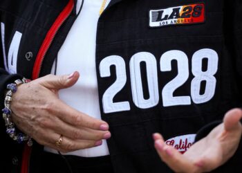 Logo Sukan Olimpik Los Angeles 2028 bergambar di UCLA, Los Angeles, California, Amerika Syarikat (AS). - AFP