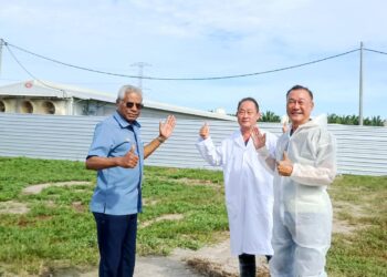 A. SIVANESAN (kiri) melawat ladang babi  fasiliti moden, mesra alam dan bebas pencemaran di Ayer Kuning, Tapah, Perak, kelmarin. – UTUSAN/MEGAT LUTFI MEGAT RAHIM
