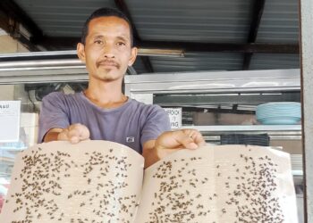 SYAIFUL Nizam Abu menunjukkan kertas perangkap dipenuhi lalat di kedai makannya di Ayer Kuning, Tapah, Perak. 
– UTUSAN/MEGAT LUTFI 
MEGAT RAHIM