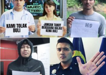 PERANAN pelbagai pihak termasuk mereka yang memiliki ‘nama besar’ sehingga rakyat biasa dalam kempen antibuli dapat menyelamatkan nyawa dan maruah. - MEDIA SOSIAL