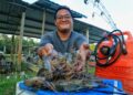 MUHAMMAD Danial Hakimi Mohd. Nor, menunjukkan hasil tangkapan udang galah yang diperolehnya.