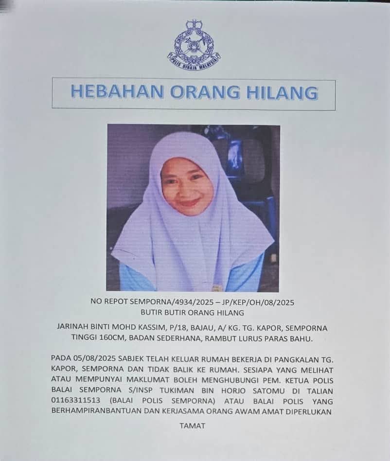 Remaja perempuan hilang selepas keluar bekerja