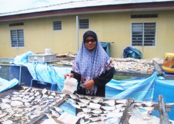 ADURA Mansor menunjukkan ikan masin yang dihasilkannya di Kampung Balik Bukit, Tanjung Kling, Melaka. – UTUSAN/AMRAN MULUP