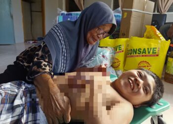 WAN Rosnani Mahmud bersama cucunya Muhammad Hazriq Haikal ketika ditemui di Kampung Sri Gemas, Tampin, semalam.-UTUSAN/NOR AINNA HAMZAH
