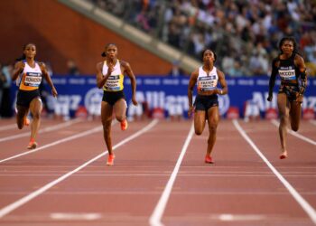 (DARI kiri) Sha'Carri Richardson, Melissa Jefferson-Wooden, Shelly-Ann Fraser-Pryce dari dan Maia McCoy bersaing dalam acara 100 meter (m) wanita dalam pertemuan olahraga Liga Berlian di Stadium King Baudouin di Brussels, semalam. - AFP
