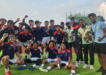 pada Kejohanan Ragbi Asia bawah 20 (B-20) tujuh sebelah (7s) selepas menewaskan China 19-7 dalam aksi penentuan tempat ketiga di Bihar, India, hari ini.