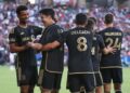 BINTANG Korea Selatan, Son Heung-min (dua dari kiri) meraikan kejayaannya menjaringkan gol bersama rakan sepasukan di Stadium Toyota semalam. - AFP