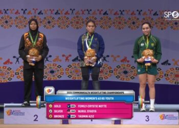 ATLET angkat berat  remaja wanita negara, Nurul Syasya Khairina Samsur memenangi pingat perak di  Kejohanan Angkat Berat Komanwel, India, hari ini. - AGENSI