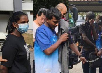 T. S PRETTY (kiri), Muhammad Redzuan (tengah) dan Thantiran dibawa ke Mahkamah Sesyen Seremban hari ini bagi didakwa atas pertuduhan melakukan rompak berkumpulan dengan senjata dan memiliki harta samun jongkong emas pada Ogos lalu.-UTUSAN/NOR SHAFAWATI YUP.