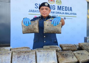 ISMAIL Hashim menunjukkan sebahagian daripada ketulan mampat ganja yang dirampas di pesisir pantai Sungai Padang, Simpang Empat dalam sidang akhbar di Padang Besar, Perlis hari ini.-UTUSAN/SYED AZLAN SAYID HIZAR
