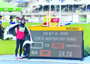 IZZATUL Musfirah berjaya memecahkan rekod 200m pada Kejohanan Olahraga MSSM di Perlis, baru-baru ini.