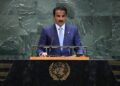 SHEIKH Tamim bin Hamad al-Thani ketika berucap dalam Perhimpunan Agung Bangsa-Bangsa Bersatu di New York. – AFP