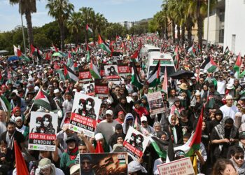 RIBUAN
penunjuk perasaan menyertai demonstrasi membantah kekejaman Israel
di Gaza di Cape Town, Afrika Selatan.
– AFP