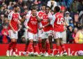 PEMAIN Arsenal, Martin Zubimendi(dua dari kiri) meraikan jaringan ketiga tuan rumah bersama rakan sepasukannya pada aksi Liga Perdana Inggeris (EPL) menentang Nottingham Forest di Stadium Emirates, hari ini.-AFP