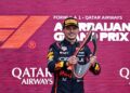 Pemandu Red Bull Racing dari Belanda, Max Verstappen meraikan dengan trofinya di atas podium selepas Grand Prix Formula Satu Azerbaijan di Litar Baku City di Baku hari ini.