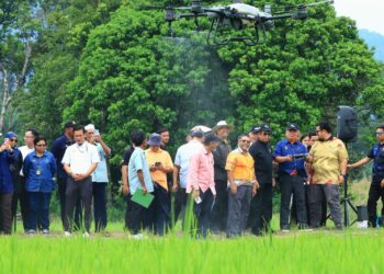MOHAMAD Sabu mencuba demonstrasi semburan racun menggunakan dron Ketika mengadakan lawatan kerja ke Projek Tanaman Padi Skim Sungai Buluh, Jelebu, Negeri Sembilan hari ini.-UTUSAN/MOHD. SHAHJEHAN MAAMIN.