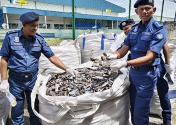 ROHAIZAD Ali (kanan) menunjukkan sisa pepejal perbandaran yang dirampas daripada dua buah kontena yang diperiksa di Terminal Kontena Butterworth Utara (NBCT) di Pulau Pinang, 23 Ogos lalu.