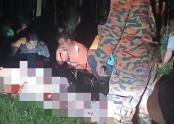 Mayat mangsa ditemukan lemas di kawasan sungai Kampung Liau Laut, Keningau. GAMBAR/ IHSAN JBPM SABAH.