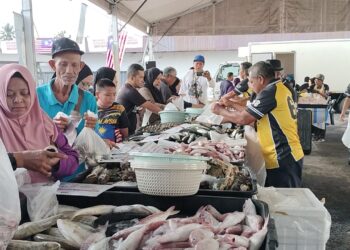 ORANG ramai membeli hasil laut pada Jualan Termurah Madani di Bukit Gantang hari ini. - UTUSAN/WAT KAMAL ABAS