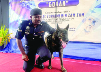 M. SHIVABALAN bersama K9 Goran yang akan dijadikan haiwan peliharaan selepas bersara daripada perkhidmatan dalam PDRM pada Program Penyerahan Adopsi K9 PDRM di IPD Kuala Muda, Sungai Petani.