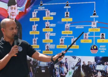 PEGAWAI Polis Wilayah Sembilan menunjukkan carta organisasi rangkaian penyeludupan dadah di Thailand.