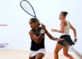 S. Sivasangari (kiri) beraksi menentang Nour Heikal pada pusingan kedua Kejohanan Skuasy Terbuka Mesir di Kaherah, kelmarin. - IHSAN EGYPTIAN OPEN