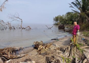 KHAIRUL Azman A. Rahman menunjukkan tanah miliknya yang telah ‘hilang’ akibat hakisan pantai di Lorong Sayong, Kampung Rimba Terjun di Pontian, Johor. – UTUSAN/MUHAMMAD ZIKRI