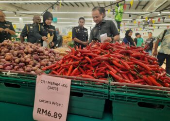 MUHAMMAD Nizam Jamaludin (kanan) memantau harga cili merah yang tergolong dalam sembilan jenis barangan ditetapkan di bawah SHMMP sempena Deepavali di Kulim.