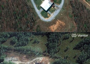 GABUNGAN imej satelit memaparkan keadaan sebelum dan selepas letupan besar di kilang Accurate Energetic Systems di McEwen Daerah Humphreys, Tennessee.-AFP