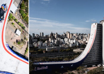 SANDRO Diaz mencipta rekod dunia selepas meluncur di landasan curam yang dibina bersebelahan bangunan 22 tingkat di Porto Alegre, Brazil.-AGENSI