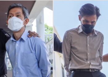 CHOONG Kean Beng (kiri) dan Lau Teik Hwa mengaku tidak bersalah ketika dihadapkan ke Mahkamah Majistret George Town, Pulau Pinang di sini, hari ini atas dua pertuduhan berasingan iaitu merotan seorang pelajar pada 2023.-UTUSAN/DANIAL SAAD