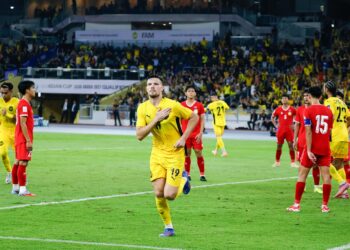 Pemain Malaysia, Romel Morales meraikan jaringan ketika menentang Laos pada perlawanan Kelayakan Piala Asia 2027, di Stadium Nasional Bukit Jalil, di sini hari ini. Foto: SHIDDIEQIIN ZON