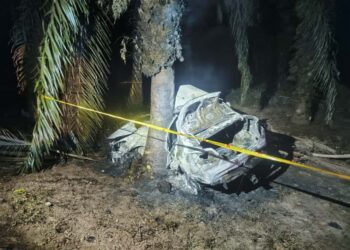 DUA maut selepas kereta dinaiki rentung selepas terlibat kemalangan dalam kawasan kebun kepala sawit di Jalan Tanjung Balau, Kota Tinggi, awal pagi tadi.
