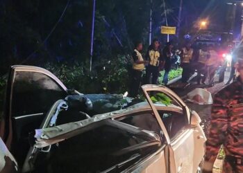 ANGGOTA bomba mengeluarkan mangsa selepas kereta dipandunya dihempap pokok tumbang di Jalan Kampung Kuala Dioh, Kuala Pilah malam semalam. -GAMBAR/IHSAN BOMBA