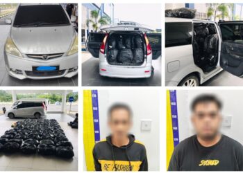 DUA lelaki ditahan polis bersama kenderaan yang digunakan untuk menyeludup daun ketum di Kampung Kulim, Jeli, Kelantan.