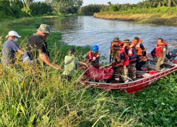 MAYAT mangsa yang berjaya dijumpai selepas disambar buaya di tebing sungai berdekatan sebuah ladang kelapa sawit di Jalan Persisir Pantai Miri-Bintulu, semalam.