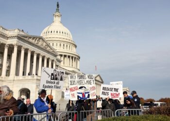 SEORANG penunjuk perasaan mengadakan demonstrasi di luar Capitol AS selepas sidang media mengenai Akta Ketelusan Fail Epstein di Washington, kelmarin.- AFP